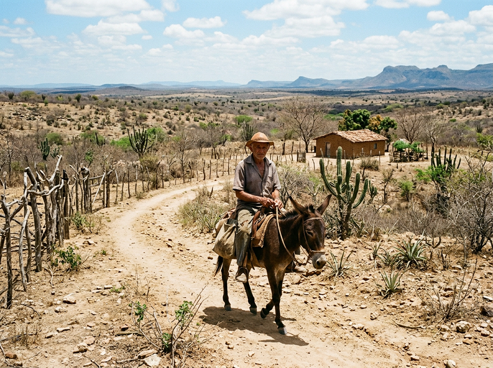 Morador do sertão nordestino andando de burro na paisagem árida